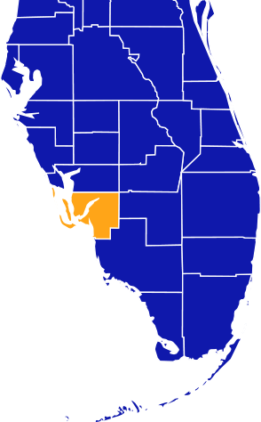Map of South Florida Counties with Lee County being highlighted